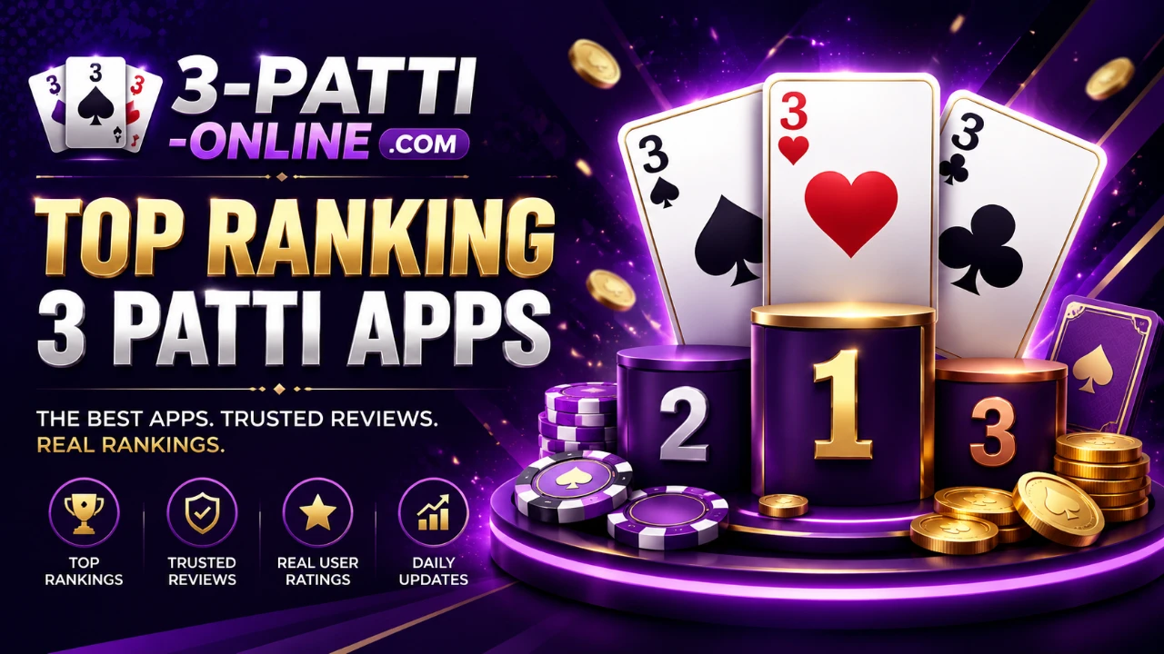 3 Patti Online neon leaderboard banner showcasing VIP Teen Patti rankings, magenta download pulses and Karachi-oriented compliance ribbons