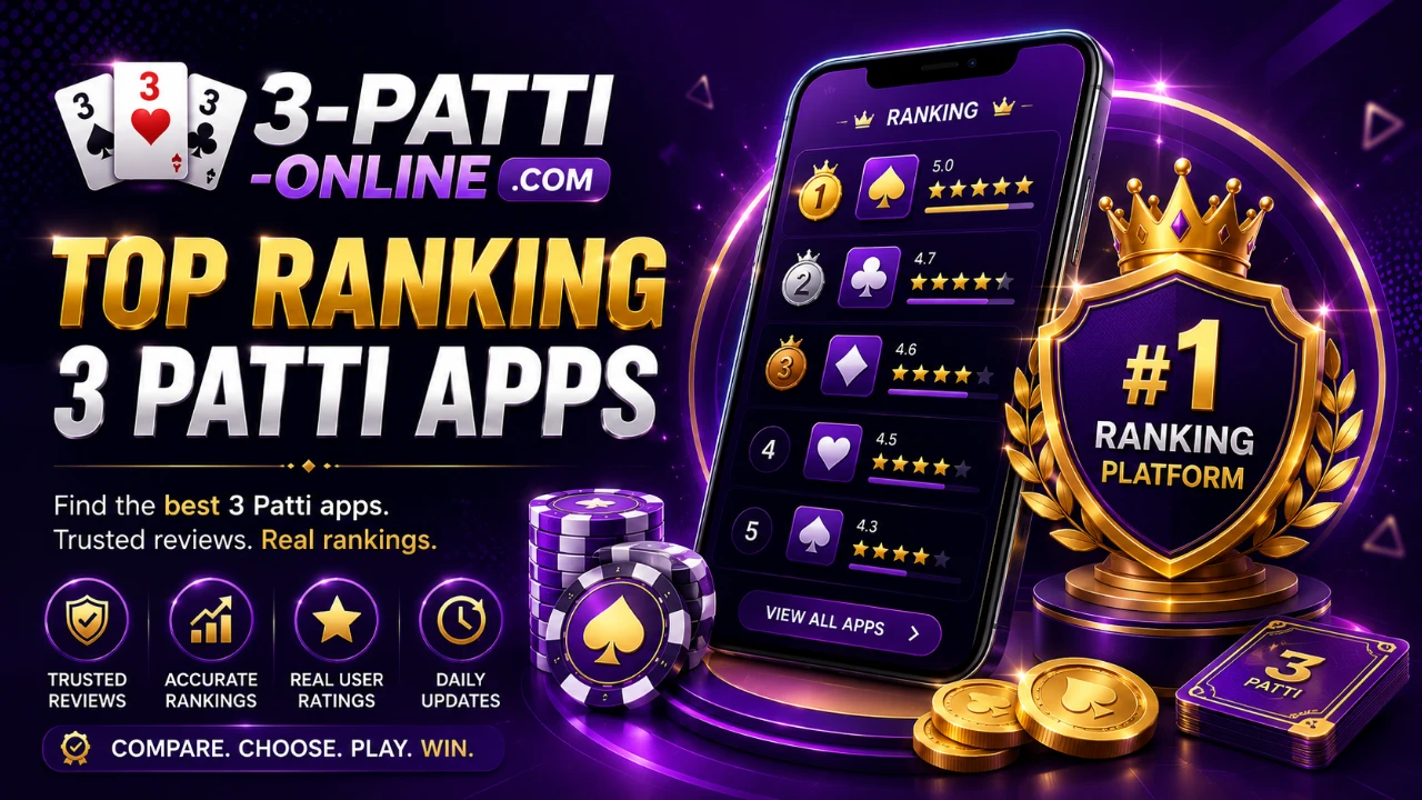3 Patti Online bonus-reading carousel slide with stacked Teen Patti tiles, rupee captions and ultraviolet outline glow
